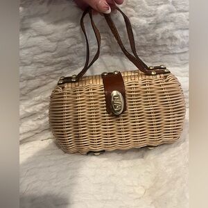 Vintage Rattan and Leather Purse, Made in Hong Kong